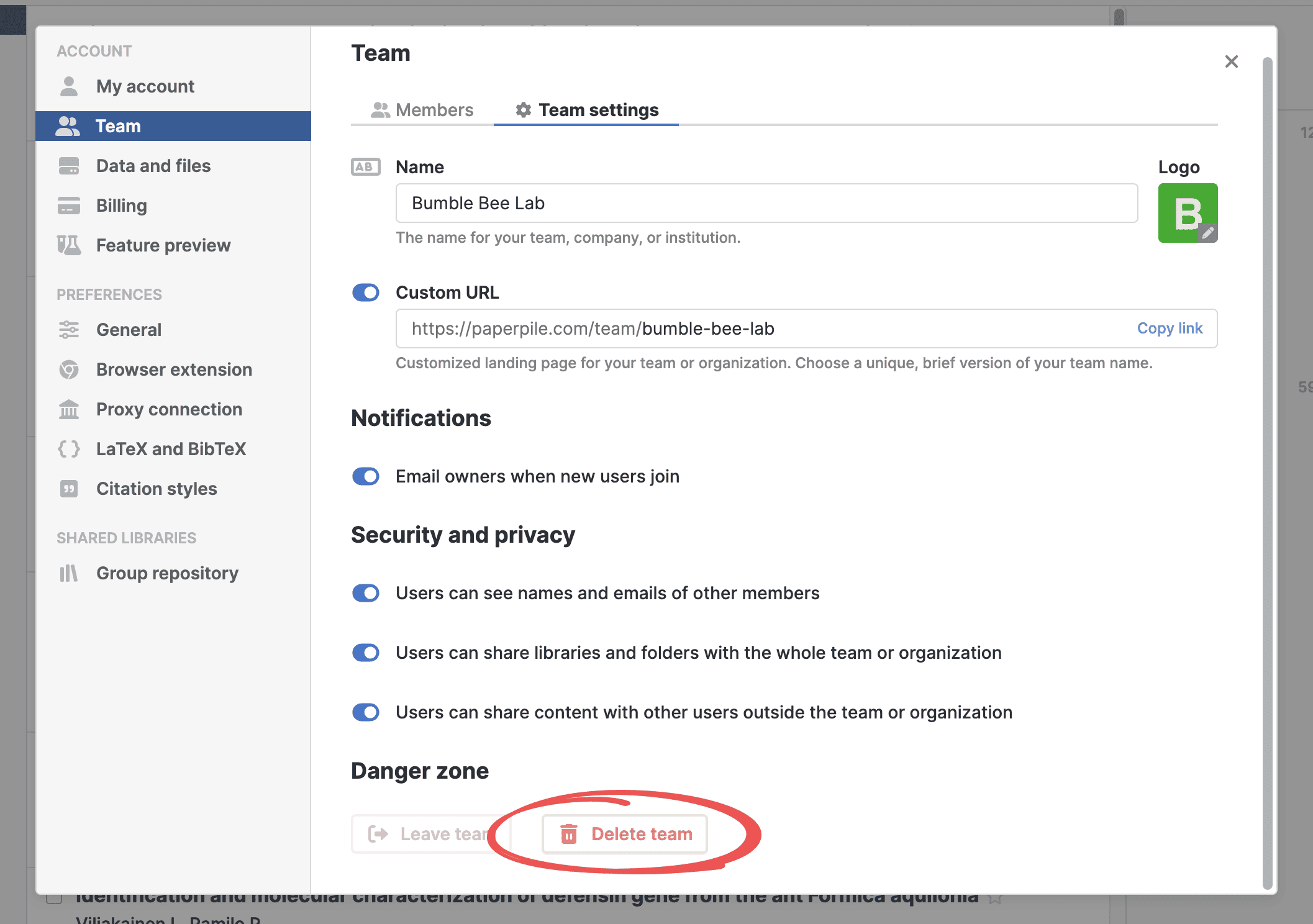 Settings › Team on the Team settings tab, showing Name, Logo, Custom URL, Notifications and Security and privacy toggles, with a circled red “Delete team” button in the Danger zone beside “Leave team”.